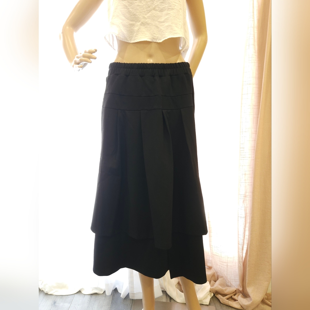 Elegant Black Elastic Waist Asymmetrical Double Layer Ruffled Hem Midi Skirt - Picture 2 of 16